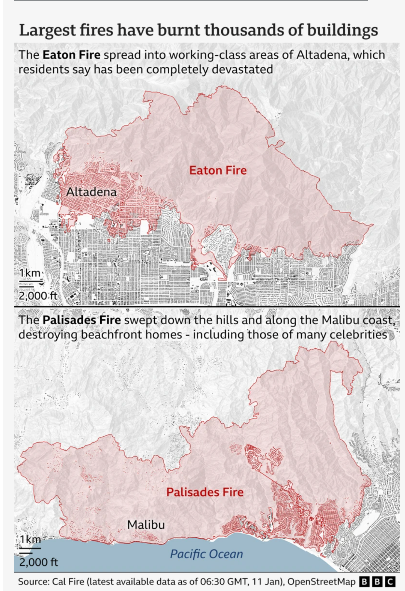 The extent of the fires in LA in January 2025.